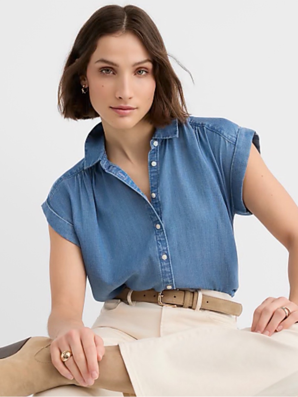 LOFT Short-Sleeve Denim Button-Down Shirt in Light Blue